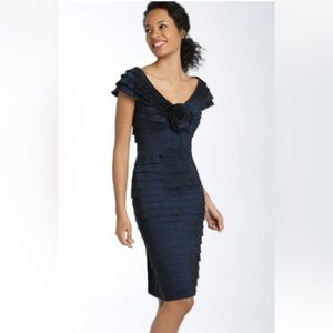 Tadashi Shoji Rosette Shutter Pleat Sheath Dress Sz 6P Navy Blue Formal